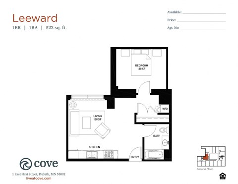 Floor plan for 1 bed, 1 bath, 522 sqft